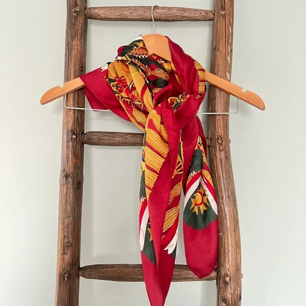 Scarf Square Tassels Medallion‎ Print Burgundy Gold